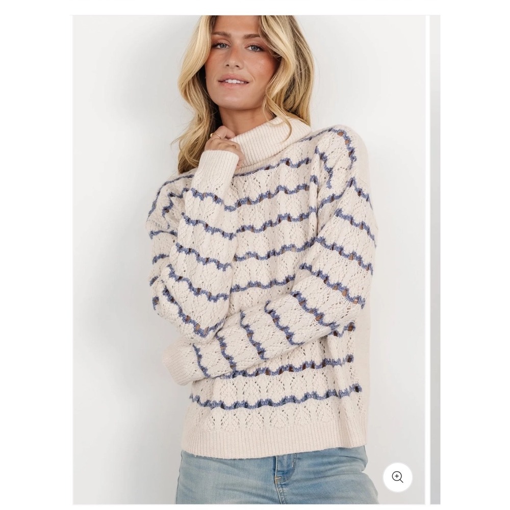 Baltic Born Hollis Knit Sweater Ivory Blue Striped Pointelle Turtleneck S Boho